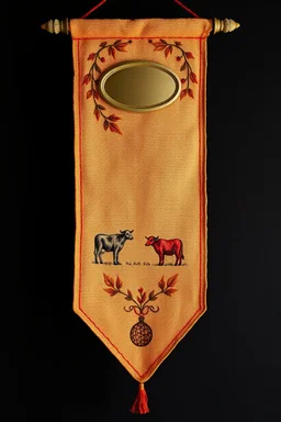 an autumn colored textured cloth banner hanging with embroidered ornamental leaves and cows, small blank oval brass engraving plate in upper middle, banner is downward pointed bottom, on dark background