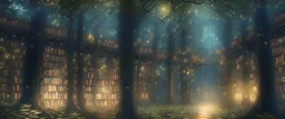 Realistic view that warm, a huge library in forest with fireflies around trees that have wide leaves and broad trunked