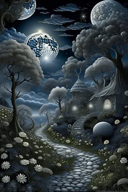 magic white silver landscape,night clouds,fairy-tale daisy house,stone path,layered trees with curlicues,fluffy flowers white voluminous daisies,radiance glow from inside op-art,black night,silver luminous full moon,curly clouds,silver stars,mysticism,fractals,grotesque,silver black,dark blue suspension,filigree drawing with ink and markers,airbrush,art nouveau,dark fantasy,dark botanical,color correction,volume,gloss,hyperrealism