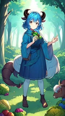 Two Girl goat horns, blue hair, clearing in forest, goat foot, cabbage in hand