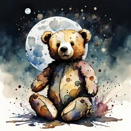 Impressionistic watercolor of a discarded sad limp Teddy Bear with stuffing falling out, vision inside a moon, double exposure splash art, watercolour and pen, Layered Inside, merged Painterly styles by Photoshop, transparency layers bleeding through, Style Andreas Lie and adrien ghenie and Norman Lewis and Jim Dine, moody, nostalgic, memento mori, negative space, ink leak