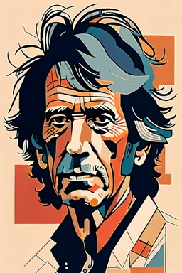 a highly detailed, abstract flat geometric portrait illustration of Keith Richards in the minimalist style of Willi Baumeister, Federico Babina and Petros Afshar, sharply detailed and finely lined, in vibrant natural colors