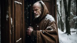 A weathered wooden door slightly ajar in a snow-covered forest during winter, a middle-aged Caucasian monk in brown robes pauses, tempted, at the threshold, snowflakes gently falling.