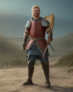 strong medieval warrior with short blond hair, blue eyes and wide warm smile with an axe wearing brown and green clothes