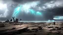 PEACE IN GAZA.Photo-realistic scene ,desolate, standing on a jagged cliff, overlooking turbulent, inky black ,A storm brews in the distance, with dark, ominous clouds gathering, powerful beam pierces the darkness, and within its light, ethereal shadows of shipwrecked souls can be seen, their translucent forms forever searching for a way home.