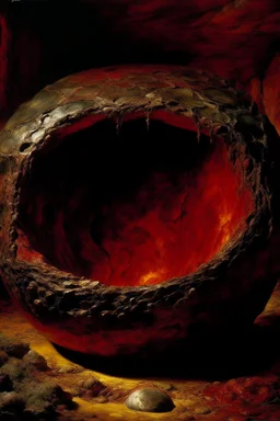 A dark red molten underground designed in African pottery painted by Gustave Courbet