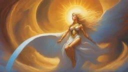 The stunning beautiful goddess of light. concept art, mid shot, intricately detailed, color depth, dramatic, 2/3 face angle, side light, colorful background. Painted by Jeff Easley