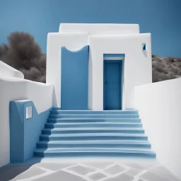 Minimalist abstract cyanotype photo of stairs outside a Greek house