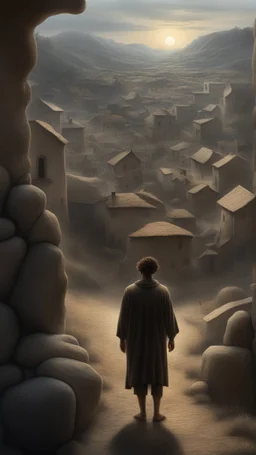 Busch nightmares paining style, thin line draw ,Title:a giant man looks like a hero , a view of a Stone Age village , 8k artistic photography, photorealistic concept art, soft natural volumetric cinematic perfect light, chiaroscuro, award-winning photograph, masterpiece, oil on canvas, Raphael, Caravaggio, Greg Rutkowski, people, beksinski, Giger