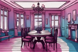 illustration depicting the background of a house interior. The scene should include a table in an empty room, with no individuals present. Emphasize the atmosphere and details of the room to evoke a serene and unoccupied ambiance colorful scene