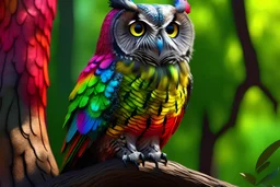 Owl with rainbow feathers sitting on a tree, portrait, 8k, uhd, trending on artstation, sharp focus, studio photo, intricate details, highly detailed, by greg rutkowski