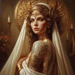 Oil painting in the style of Lawrence Alma Tadema and Michal Karcz and Enki Bilal. A beautiful Celtic priestess with tattoos of Celtic symbols on her upper body. She wears an open white sheer silk cape with gold symbols and a detailed headdress symbolizing the mysteries of ancient Avalon. A golden torque bracelet wraps around her upper arm. Very detailed, in the style of atmospheric tonalism. Elegant, intricate, 4k, mood lighting, perfectly lit, oil on canvas, contemporary impressionism, by Naot