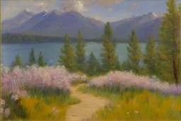 Mountains, lake, flowers, pathway, pine trees, clouds, philip wilson steer impressionism painting