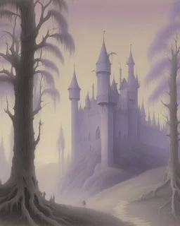 A pale light purple castle with ghosts painted by Caspar David Friedrich