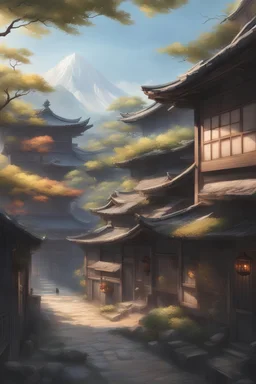 17th century Japanese village landscape, light and shadow effects, complex, highly detailed, digital painting, Art Station, concept art, smooth, sharp focus, illustration, advanced digital anime art, atmospheric lighting, detailed face, stanley artgerm lau, wlop, rossdraws, art by artgerm and Greg Ruth