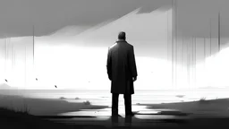 a medium quality digital illustration of a solemn man standing in front of a vast, empty space, symbolizing the loss of his home, emotional artwork, minimalistic style, black and white, dramatic lighting, atmospheric, evocative, introspective, concept art, melancholic, digital painting, trending on Behance, lost forever, heartbreak, despair, dreamlike, surreal, 4k