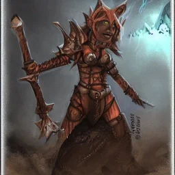 Female goblin in torn body armor with battle ax and lots of piercings in a dark wet cave