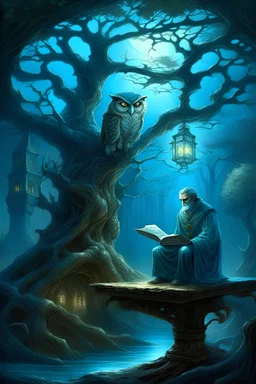 -imagine-fantasy style- The man from middle ages stood thinking under the watchful gaze of the majestic enormous owl holding a book, "In a realm veiled by mystery, in cyan and misty glowing softly light inside the room of the tree has a lot of books