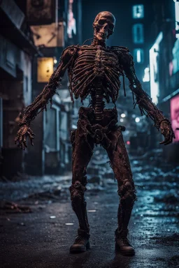 Extreme grandiose and cinematic photo in realistic colors (sparks around) (( cyborg skeleton)) dirty realistic ragged clothes, dynamic pose and expression, in the city ally of neon tales, high lighting, intricate, 8k, macro photography,