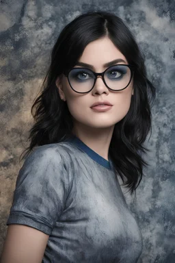 cross-eyed Lucy Hale Frankenstein monster hybrid, , 4k UHD, photorealistic, ((big, full, plump, pouty lips:1.5)) black hair, big cat-eye eyeglasses, dark blue foggy gradated marble wall background