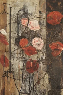 an abstract painting of flowers, by anselm kiefer and lucian freud, rust, scaffolding, iron cladding, decay, mixed media, textured, anatomically correct, beautiful perfect face, sharp focus, highly detailed