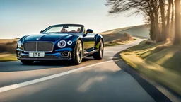 A sleek with livery (((bentley cadillac))), its contours and details perfectly captured in a (((cinematic view))), zipping along a winding road under a beautiful blue fresh morning sky