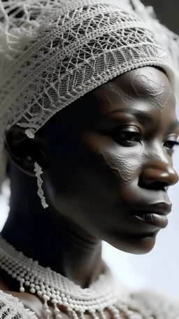 A shot of a queen of the African tribes all in white head out of a white spider web, intricate details, soft natural light, screen captured from 4K Blu-ray. All white background