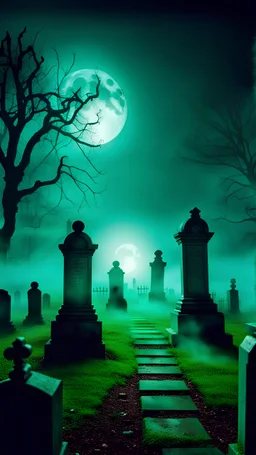 Scary cemetery at night, poisonous dark green fog, full moon, horror film style