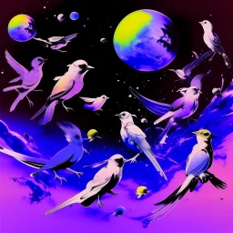 A violet outer space with alien birds painted by Andy Warhol