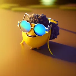 lemon wearing sunglasses, relaxing on the beach, pixar movie still, 3d, realistic render, hyperdetailed