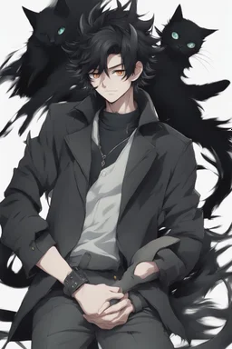 A male anime man with messy black hair, black cat ears.