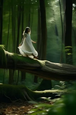 figure of a girl, dressed in a gauze nightgown, levitating on a trunk, in a very lush forest, cinematographic image, foreground,