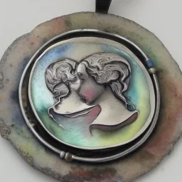 pendant in a form of two conjoined silver coins, watercolor, large strokes, artwork, fantasy