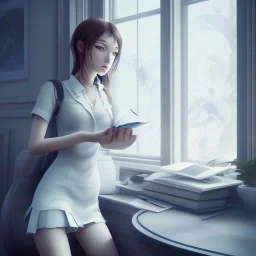 female student studying by the window, anime style,perfect face, cool face, ultra detail, unreal engine 5, cinema4d, sun light, studio lighting --ar 1:1 --v 4