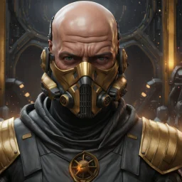 star wars bald male corellian pilot wearing pearlescent black and gunmetal grey First Order special forces heavy assault stealth commando armor and helmet with gold trim inside the jedi temple, hyperdetailed, dynamic lighting, hyperdetailed background, 8k resolution, volumetric lighting, light skin, fully symmetric details