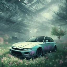 Mitsubishi, dans un nuage de fleur, concept art, réaliste, synthwave