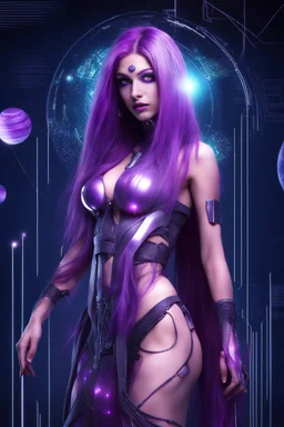 VERY BEAUTIFUL WOMAN FROM THE PLANET SATURN, WITH CYBER CLOTHING ON HER BODY, LONG PURPLE HAIR WITH A PURPLE AURA ON HER BODY