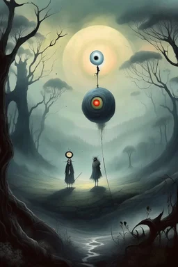scene, forest fog, superbig full moon, Bosch painting style creature with cape and hood, figure stand up on spiral rock, face evil angry , super big eyes, circles eyes, super hero