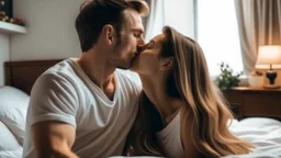 Couple in love kissing on the bedroom at home. Loving boyfriend and girlfriend sharing love together.