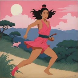 [art by Paul Sérusier] A surprised Nomadic samurai woman, 24-years-old wearing a pink one-piece swimsuit , running away from a creature, the overcast sky in the background, vintage 1980's photo