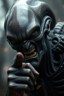 Alien angry and looking up , d&d character art masculine features, pointing at you , deep coal-gray skin, 8k, 3d cgi, unreal engine 6, high detail, intricate, cinematic battle background