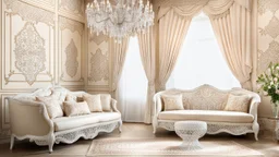 a vintage room where everything is lace and made of lace. there is lace on the couch, where the cushions are lace, the wall is decorated with lace, there is lace on the table, the vase is decorated with lace, beautiful pale lace curtains hang in front of the window, the pattern of the vintage carpet is lace-shaped, and there is a lace tablecloth on top of the television, and the on a bookshelf. Everything is covered in lace and an old doll in lace is sitting on the couch. intricate details, pho