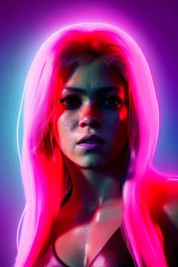 portrait, Shakira, blonde artist, angry, Realistic image, latex style dress. Skewers, loose long hair, eyes make up, perfect, glow, circle iris. Neon colors, leds, geometric shapes. Dark background, photo studio, neon lights. Mad max, concept art, smooth, unreal engine 5, god lights, ray tracing, RTX, lumen lighting, ultra detail, volumetric lighting, 3d, finely drawn, high definition, 4k.