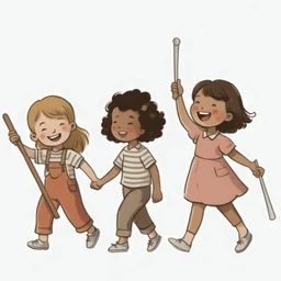 children joyfully walking. Left most child is carrying a parade leader's staff wrapped in ribbon. Right most child is holding batons. improve quality but maintain style.