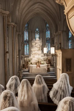 7 sisters wearing lace veil praying in church.cinematic