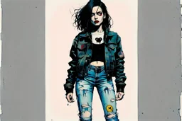 Create and fine print full body illustration of a Goth Girl with finely lined and detailed facial features in a ragged jean jacket adorned with patches from countless encounters, torn black skirt ,battered combat boots, , in the graphic novel style of Bill Sienkiewicz, and Jean Giraud Moebius, precisely drawn, colored and inked