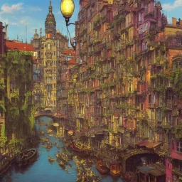 Colourful city+old lamp+Bar and garden on High Bridges across Skyscraper river+canals+Gothic village+European Metropolis on sea+naples alley+Torino square+trieste canals+victorian London+decòpunk Skyscraper+ +steampunk+biopunk+alphonse mucha, greg rutkowski, matte painting, cryengine, hyper detailed, felix kelly, fantasy art, seb mckinnon