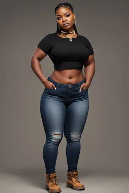 Create a digital image of a curvy black female wearing tight cut up jeans and a black tshirt with timberland boots. Prominent make up with hazel eyes. Highly detail two cornrows going down her head.