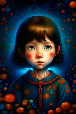 Portrait of a little girl, Art by Andy Kehoe, Art by Lisa Parker, Art by Alphonse Mucha, Art by Makoto, Art by shinka i, Art by studio ghibli, Art Deco, perfect eyes, perfect handsface, highly detailed, complementary colors, hyper detailed. Watercolor, dynamic pose, dark blue background, unreal engine, global illumination, detailed and intricate environmen Sunny day, warm tone. perfect, beautiful, detailed, intricate composition, octane rendering, 8K