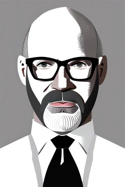 black and white,real estate agent,bald male with grey beard,55 years old,glasses,, necktie,portly,detailed drawing,white background